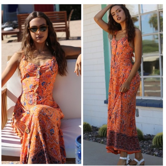 Orange Floral Back Tie Boho Maxi Dress - Picture 4 of 5